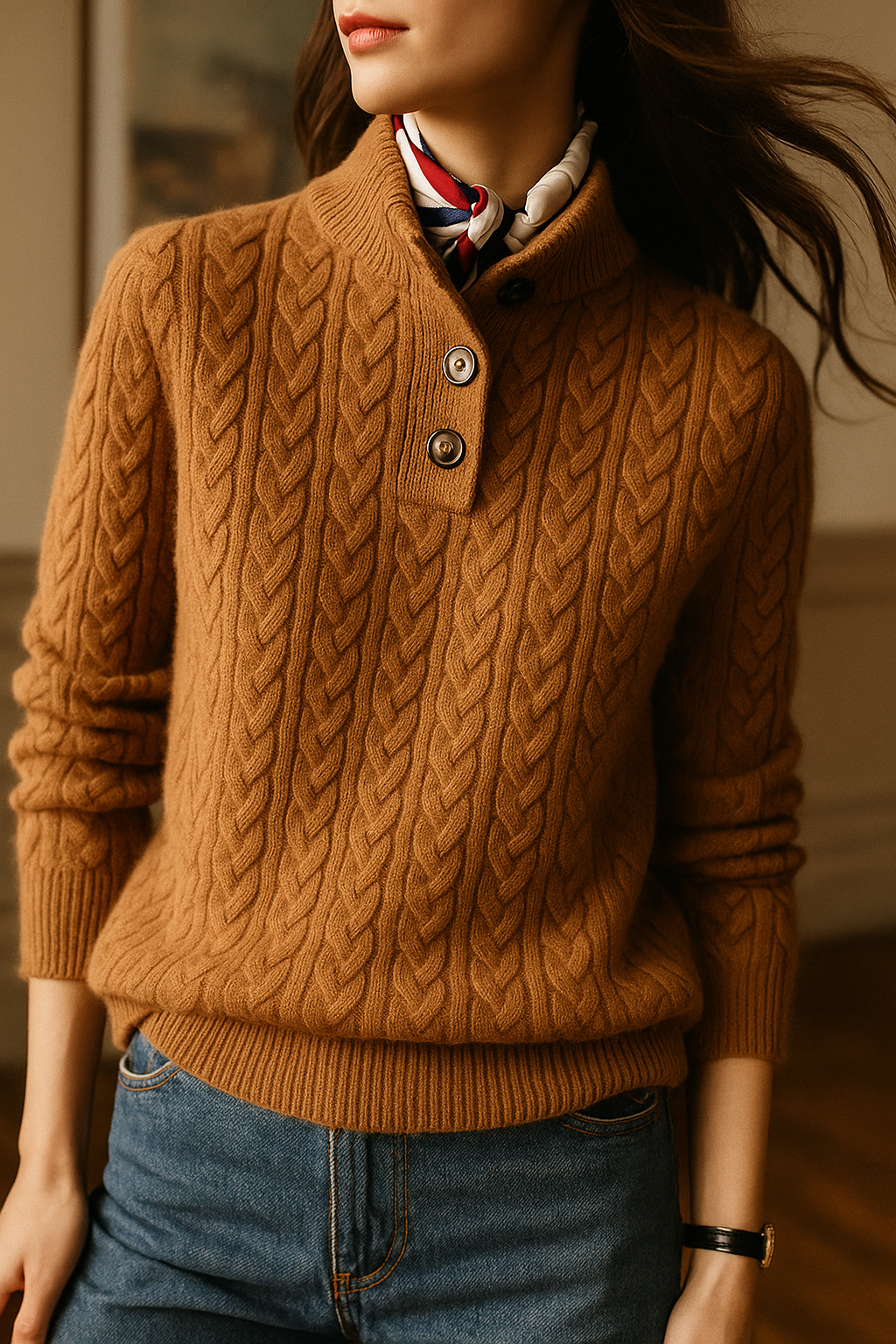 Arden | Cable Knit Sweater with Button Stand Collar