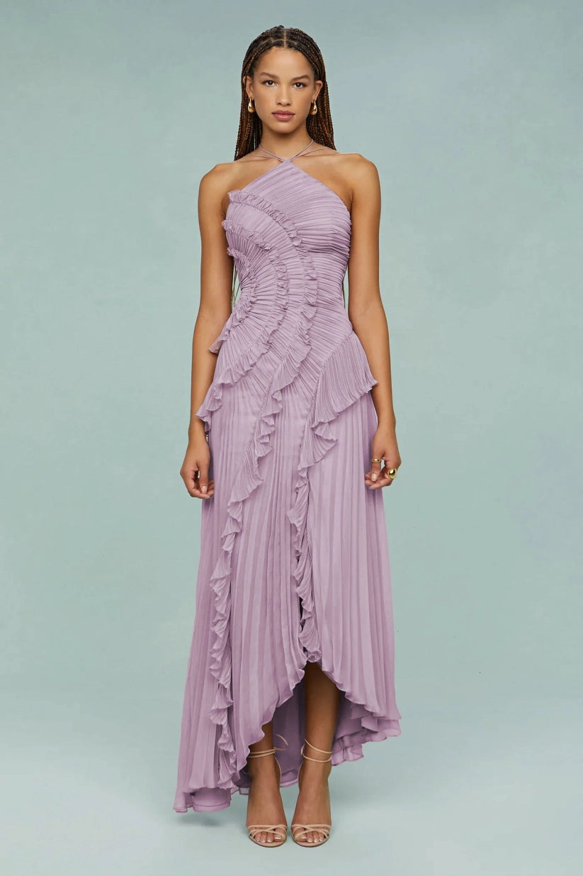 Pleated Frill Halter Neck Midi Dress