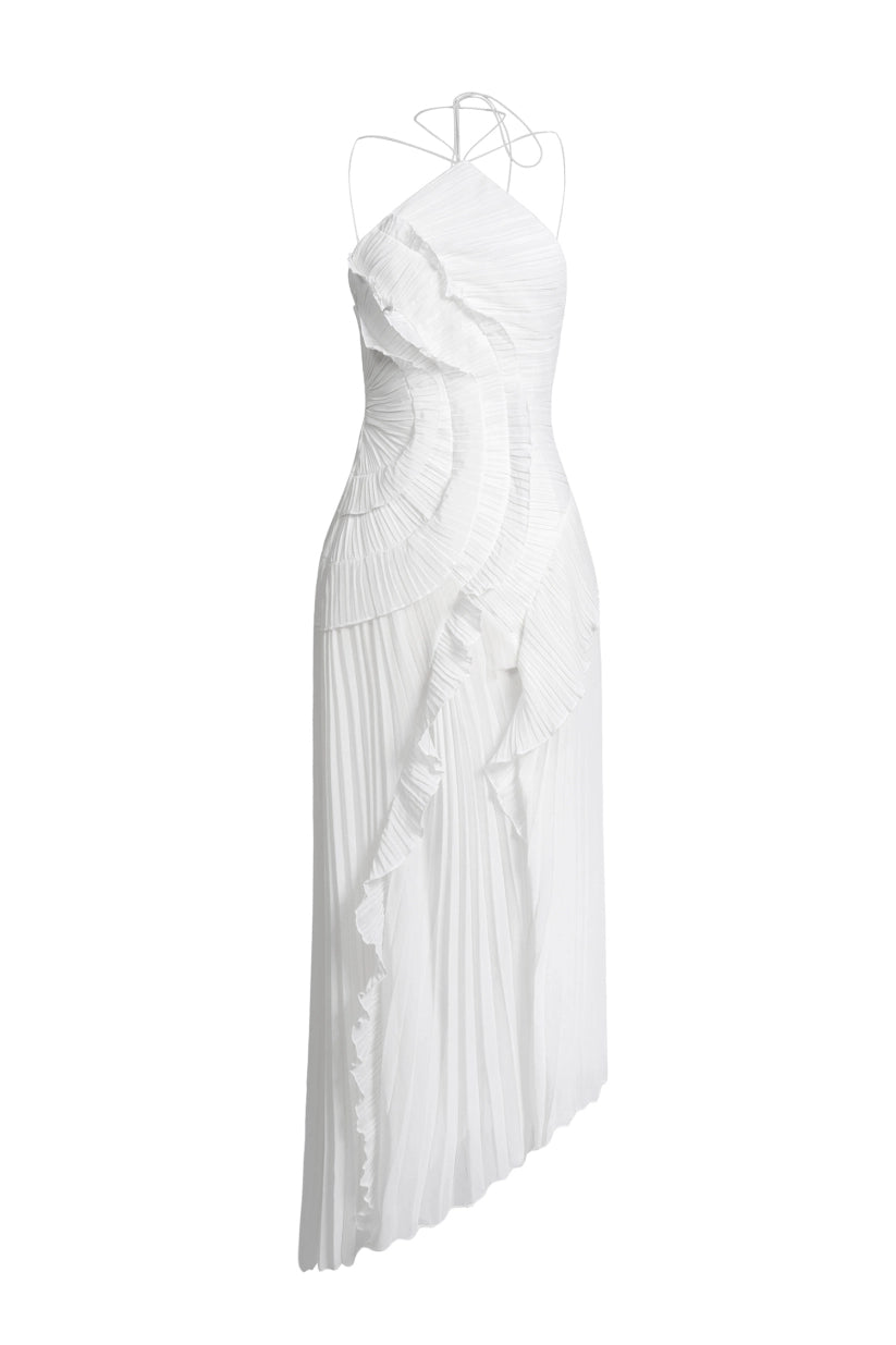 Pleated Frill Halter Neck Midi Dress