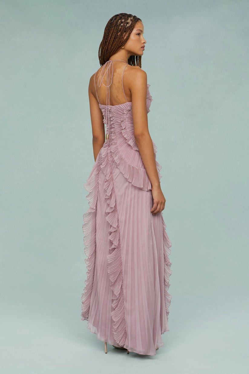 Pleated Frill Halter Neck Midi Dress