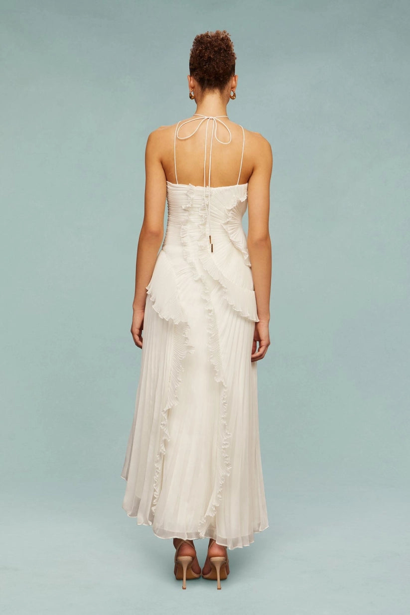 Pleated Frill Halter Neck Midi Dress