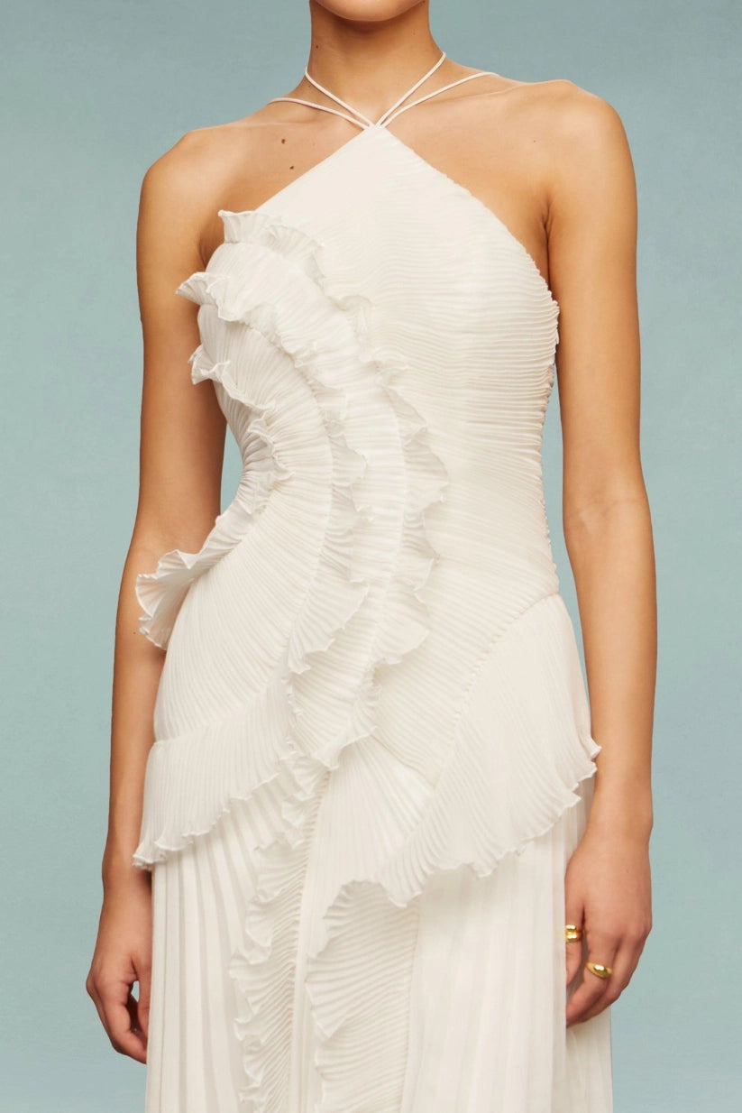 Pleated Frill Halter Neck Midi Dress