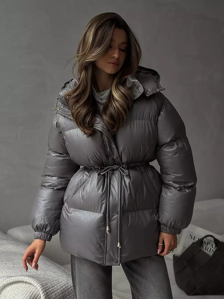 Belted puffer jacket with hood
