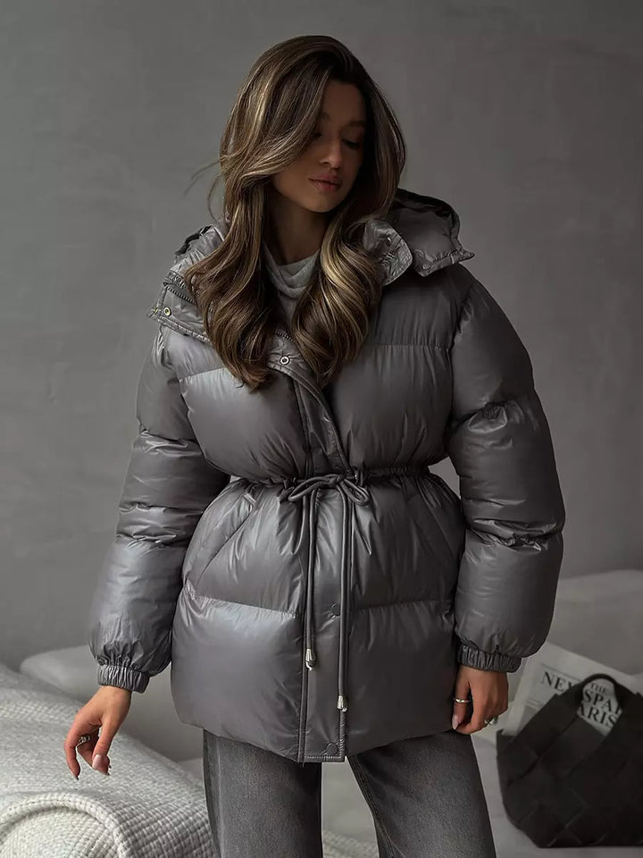 Belted puffer jacket with hood