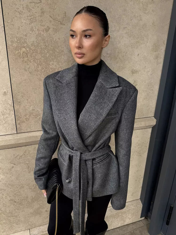 Gray belted double breasted coat