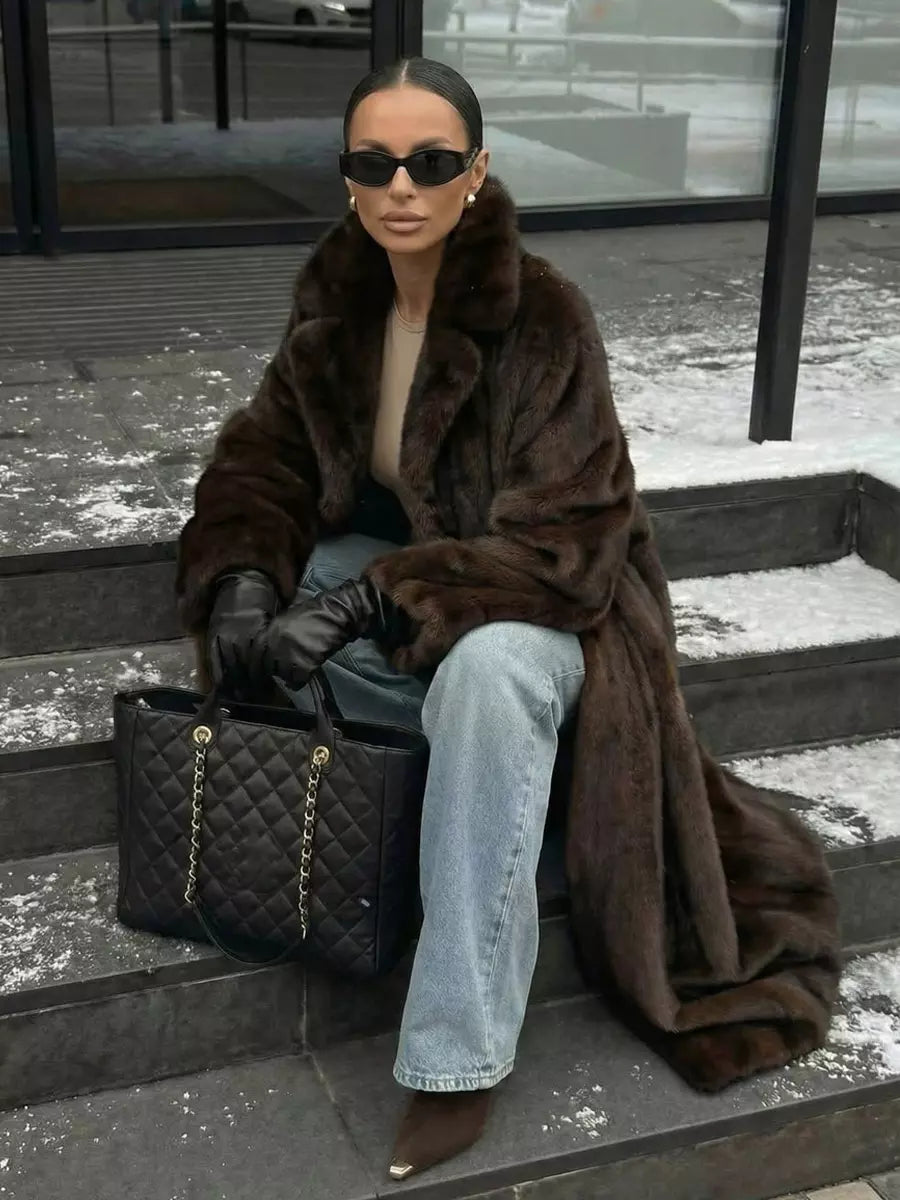 Faux fur coat with wide lapel collar in dark brown