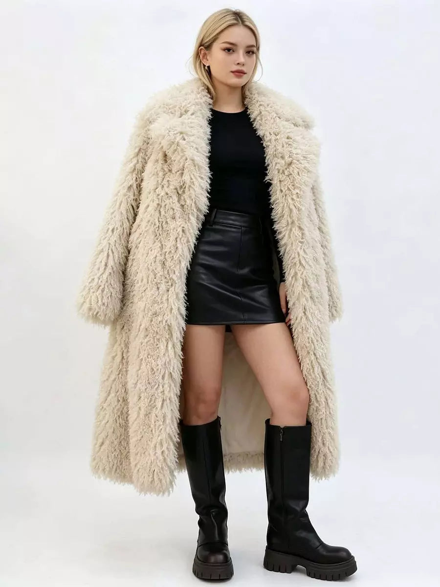 Long pile faux fur coat with wide collar