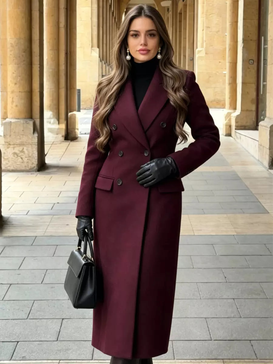 Burgundy wool coat with turndown collar