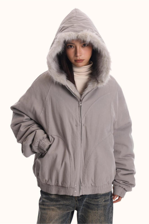 Grey Order Code Winter Jacket for Women – Oversized Hooded with Faux Fur Lining – NOBLD