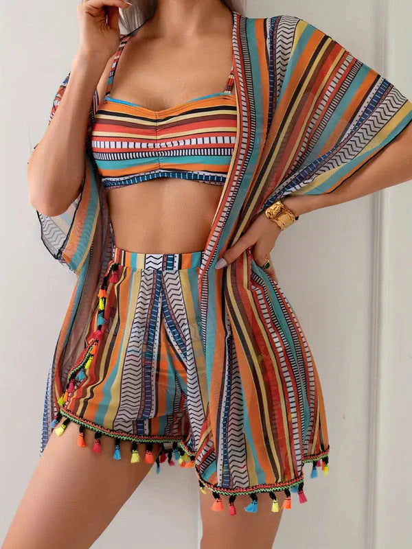4-Piece Bikini Set - Cover-Up Shirt and Beach Shorts