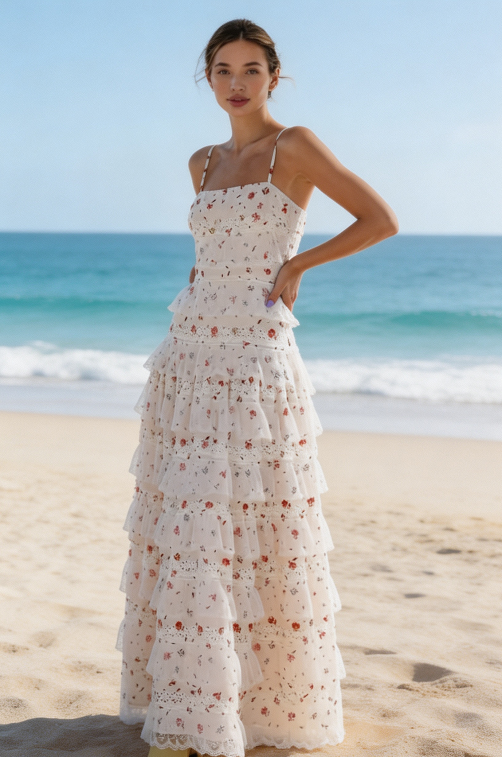 Maya | Tiered Long Sleeve Maxi Dress - Crochet Lace Trim & Ruffle Hem