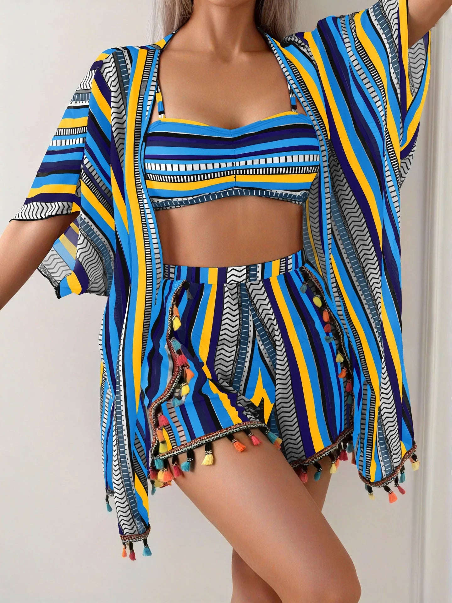 4-Piece Bikini Set - Cover-Up Shirt and Beach Shorts