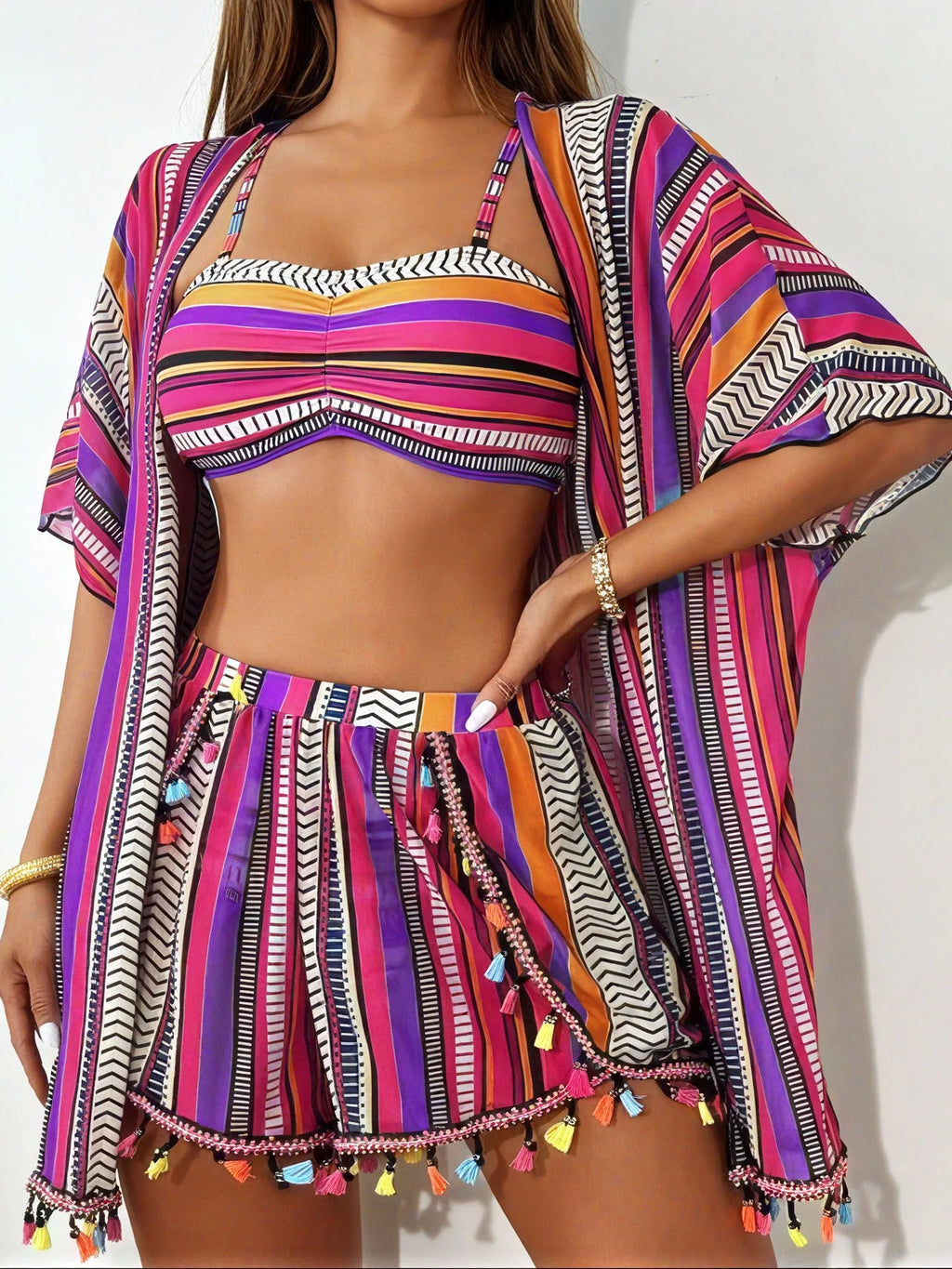4-Piece Bikini Set - Cover-Up Shirt and Beach Shorts