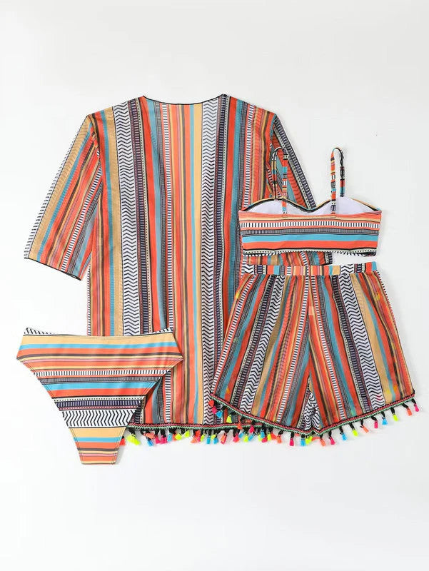 4-Piece Bikini Set - Cover-Up Shirt and Beach Shorts