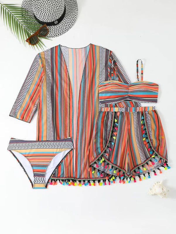 4-Piece Bikini Set - Cover-Up Shirt and Beach Shorts