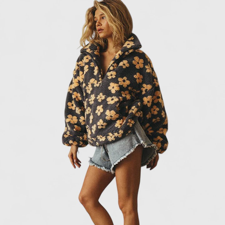 Daisy | Floral Sherpa Quarter Zip Sweater