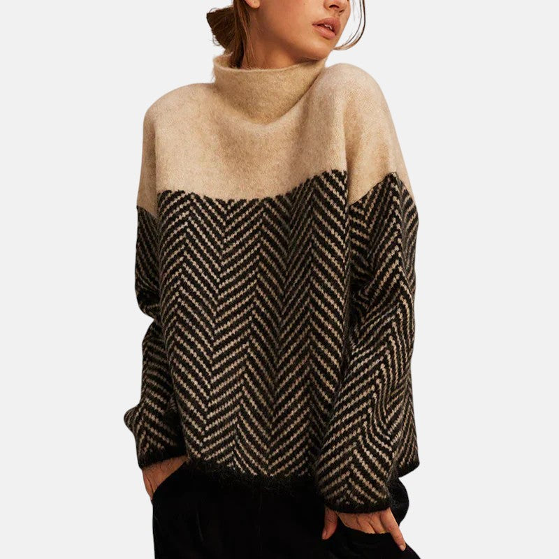 Eva | Herringbone Knit Sweater with Mock Neck