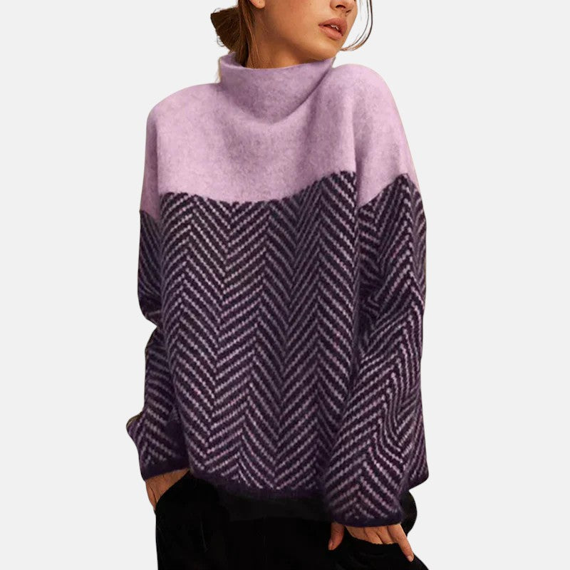 Eva | Herringbone Knit Sweater with Mock Neck