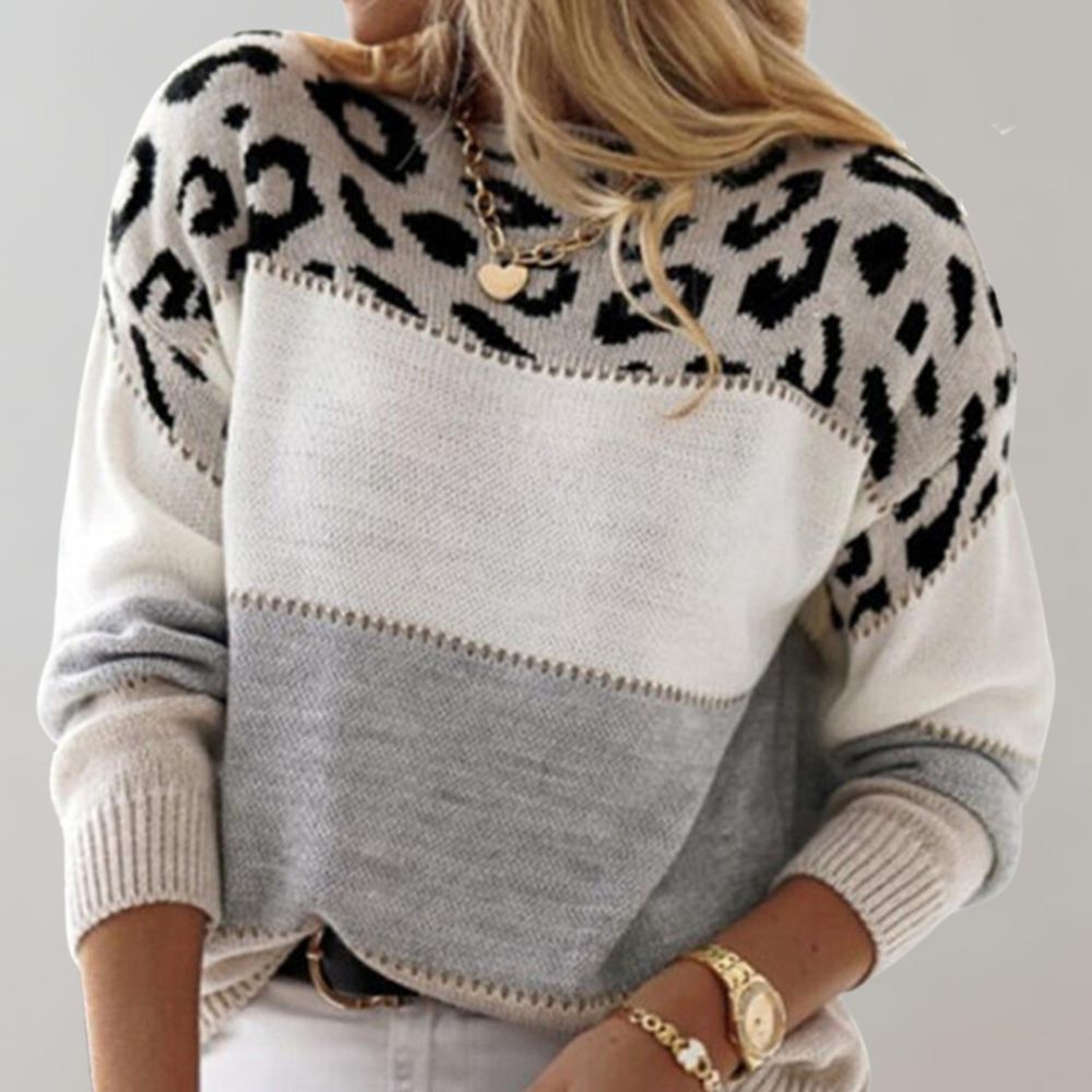 Viola | Crew Neck Sweater with Leopard Color Block