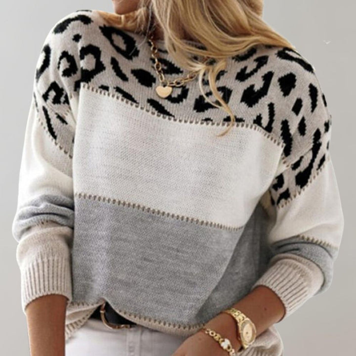 Viola | Crew Neck Sweater with Leopard Color Block