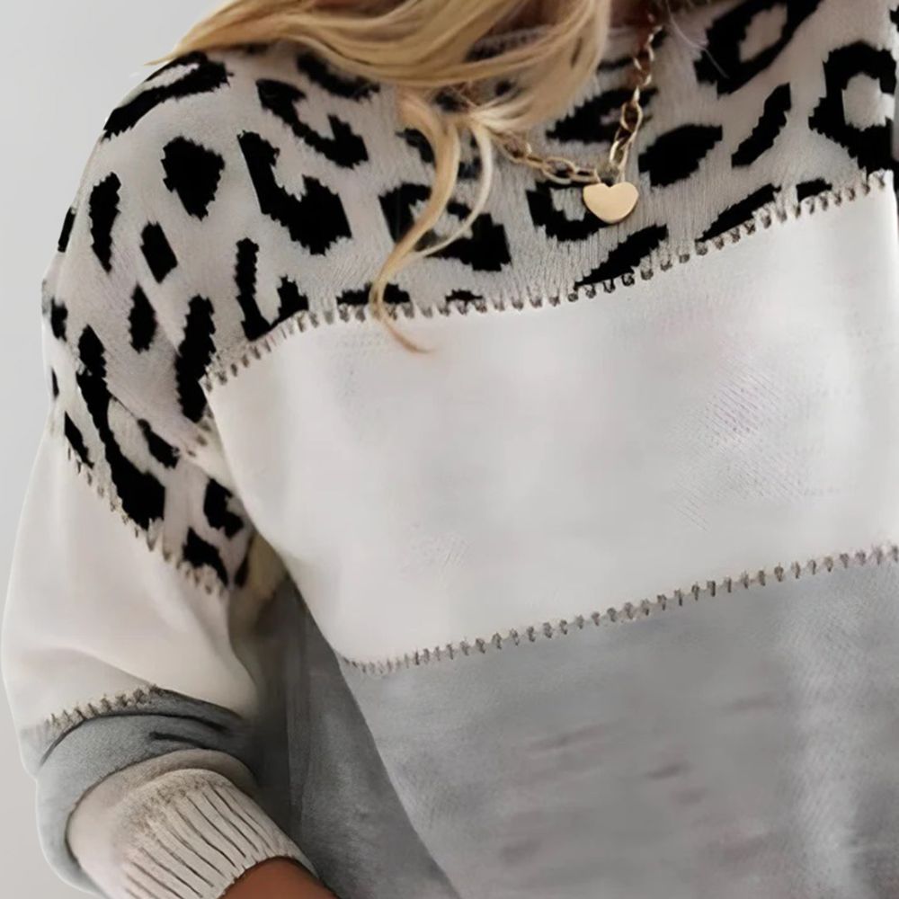 Viola | Crew Neck Sweater with Leopard Color Block