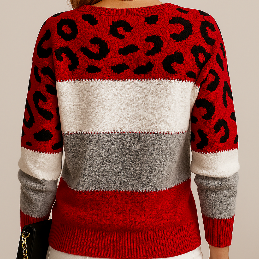 Viola | Crew Neck Sweater with Leopard Color Block