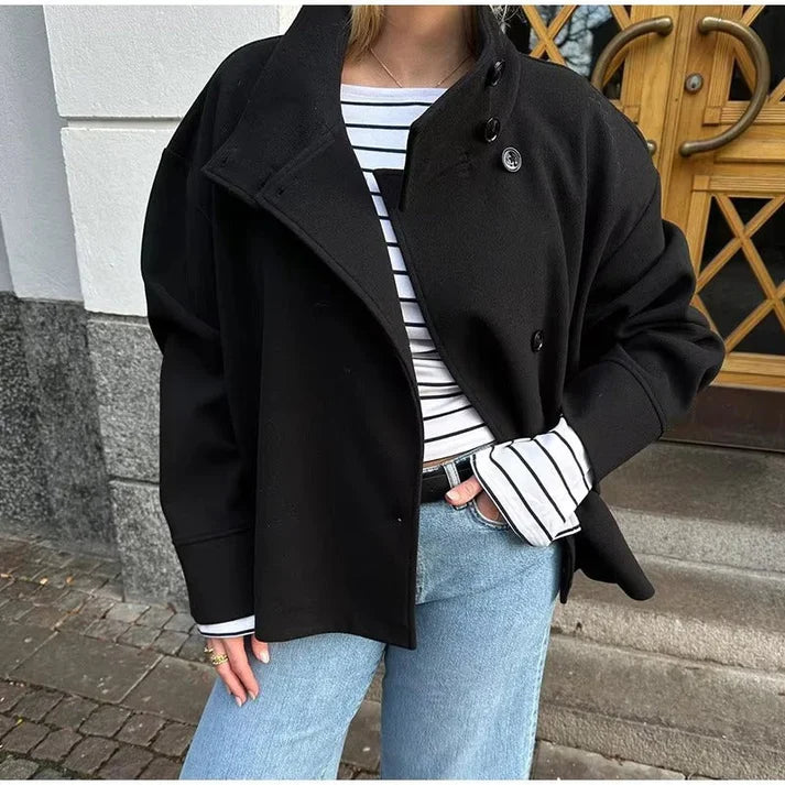 Grey Order Code Wool Coat for Women – Short with High Collar and Buttons – NOBLD