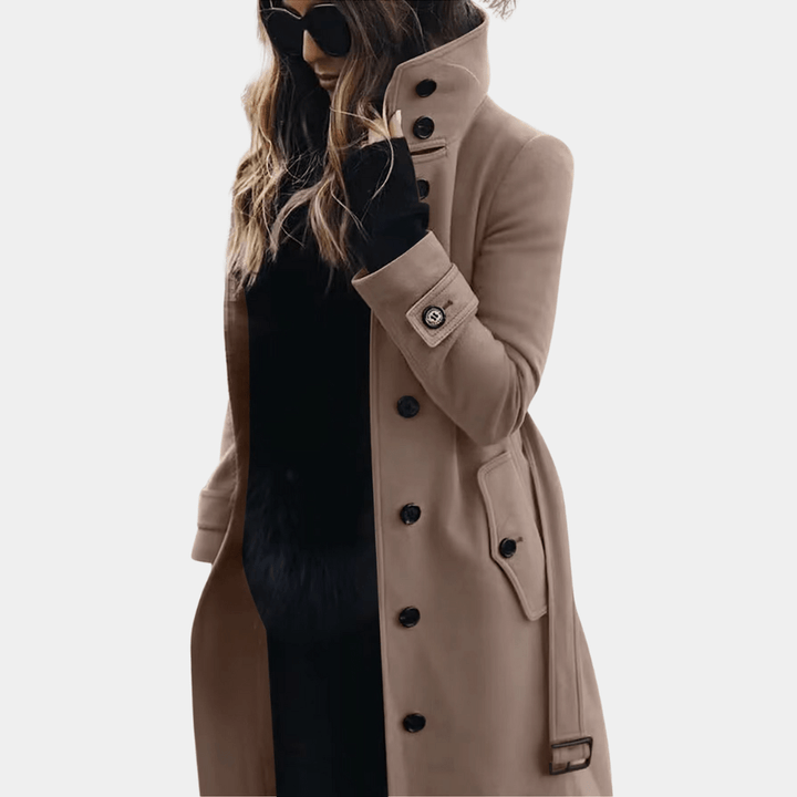 Wool Coat for Women – Long Cut with High Collar and Button Front – NOBLD