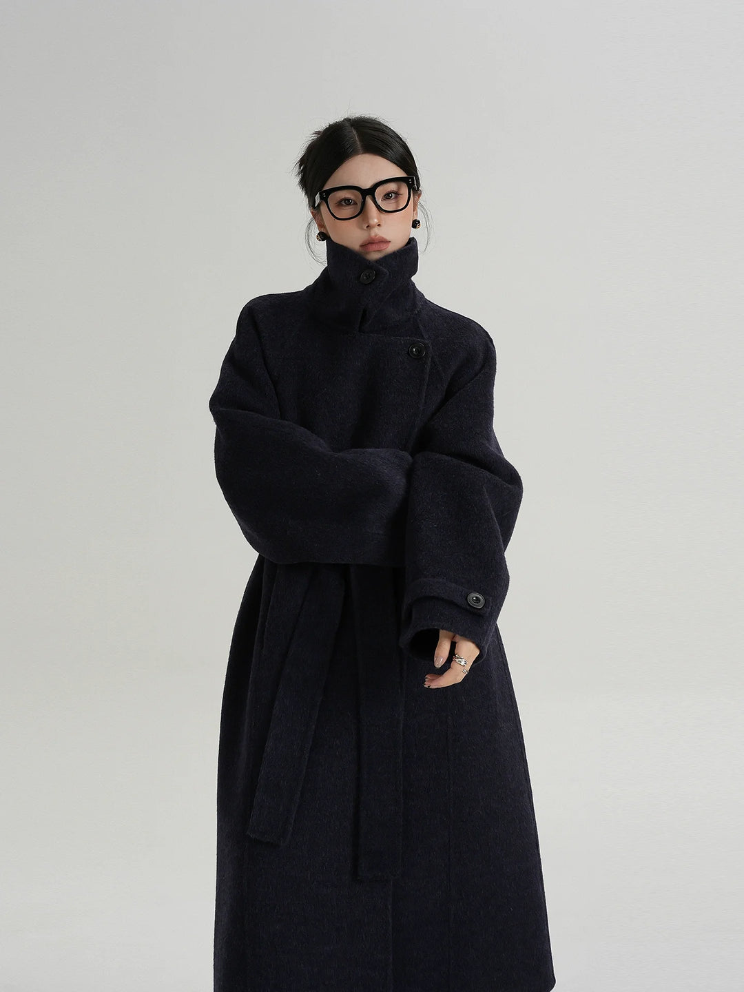 Naomi | Long Belted Wool Coat with Funnel Neck