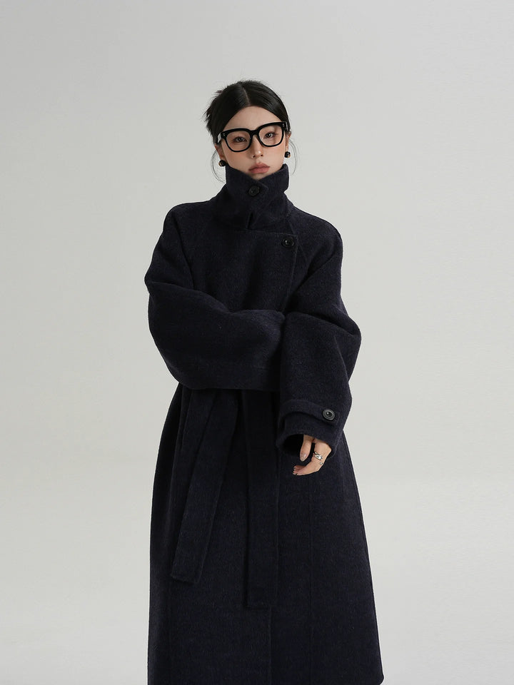 Naomi | Long Belted Wool Coat with Funnel Neck