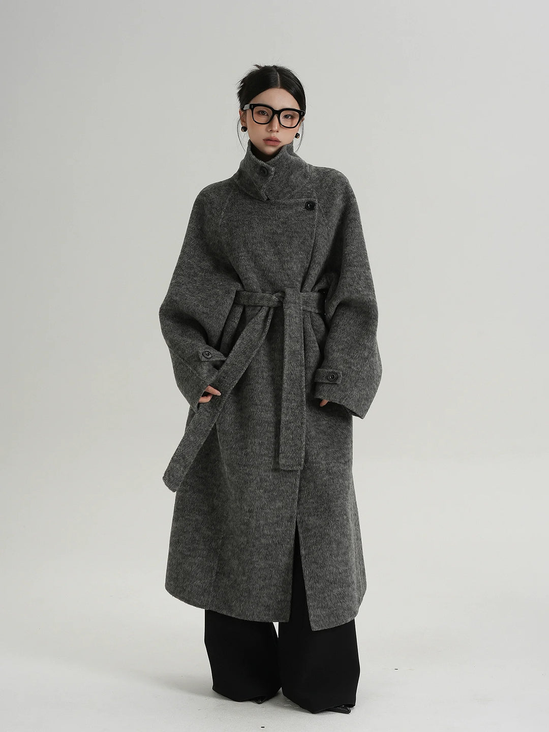 Naomi | Long Belted Wool Coat with Funnel Neck