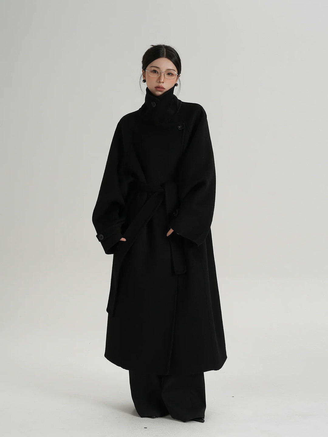 Naomi | Long Belted Wool Coat with Funnel Neck