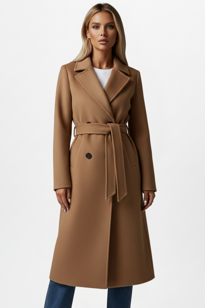 Juno | Long Double Breasted Wool Coat with Belt