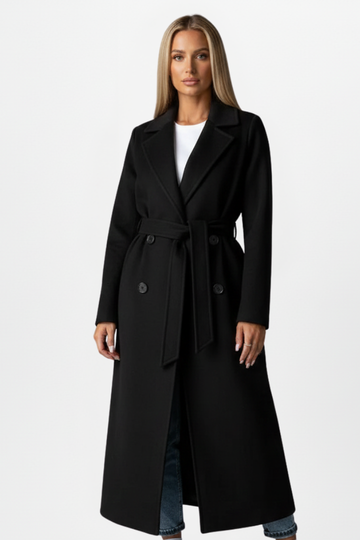 Juno | Long Double Breasted Wool Coat with Belt