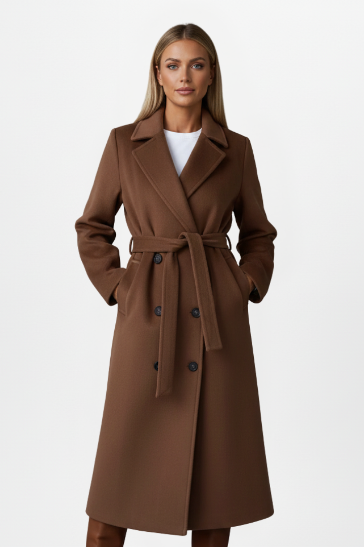 Juno | Long Double Breasted Wool Coat with Belt