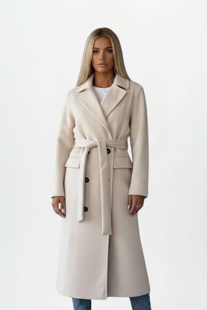 Juno | Long Double Breasted Wool Coat with Belt