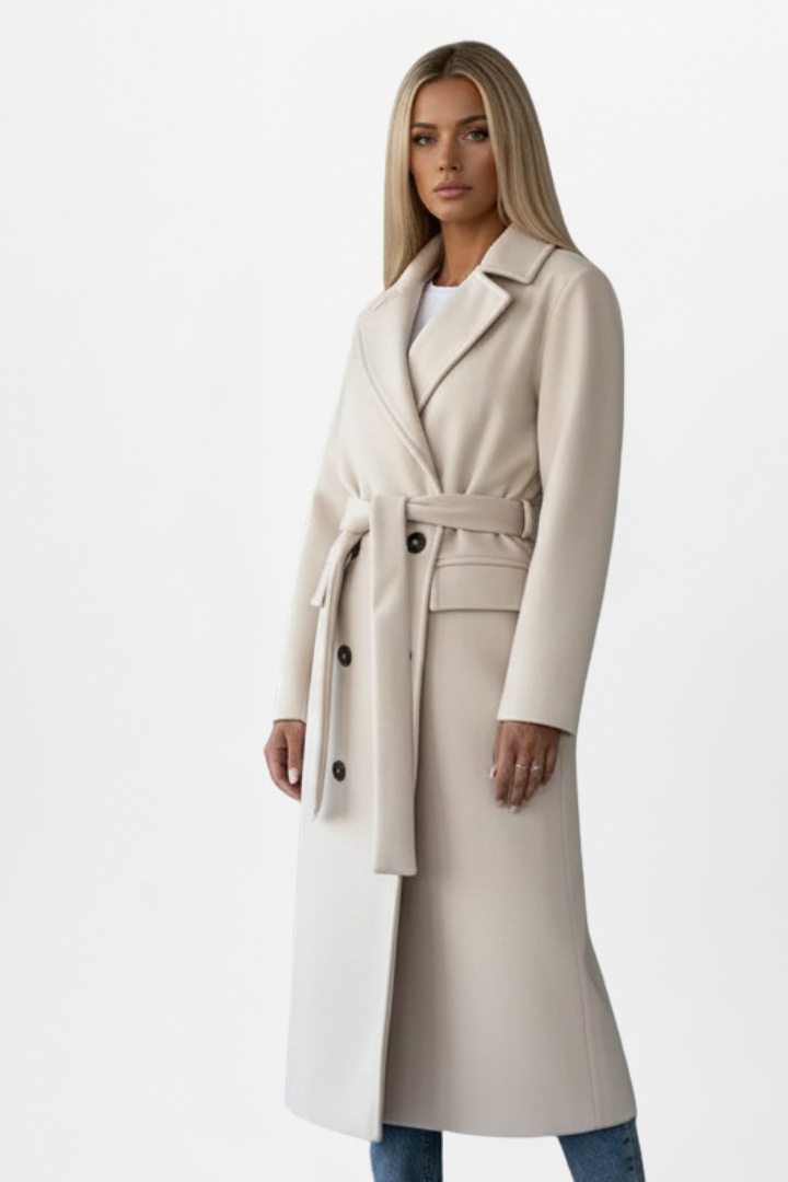 Juno | Long Double Breasted Wool Coat with Belt