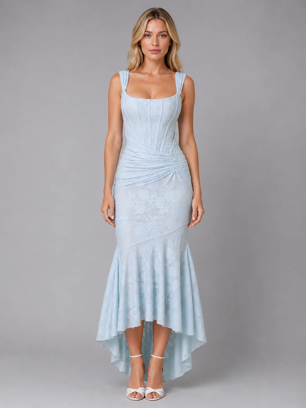 Women’s Ruched Lace Midi Dress – Sculpted Bodycon Fit
