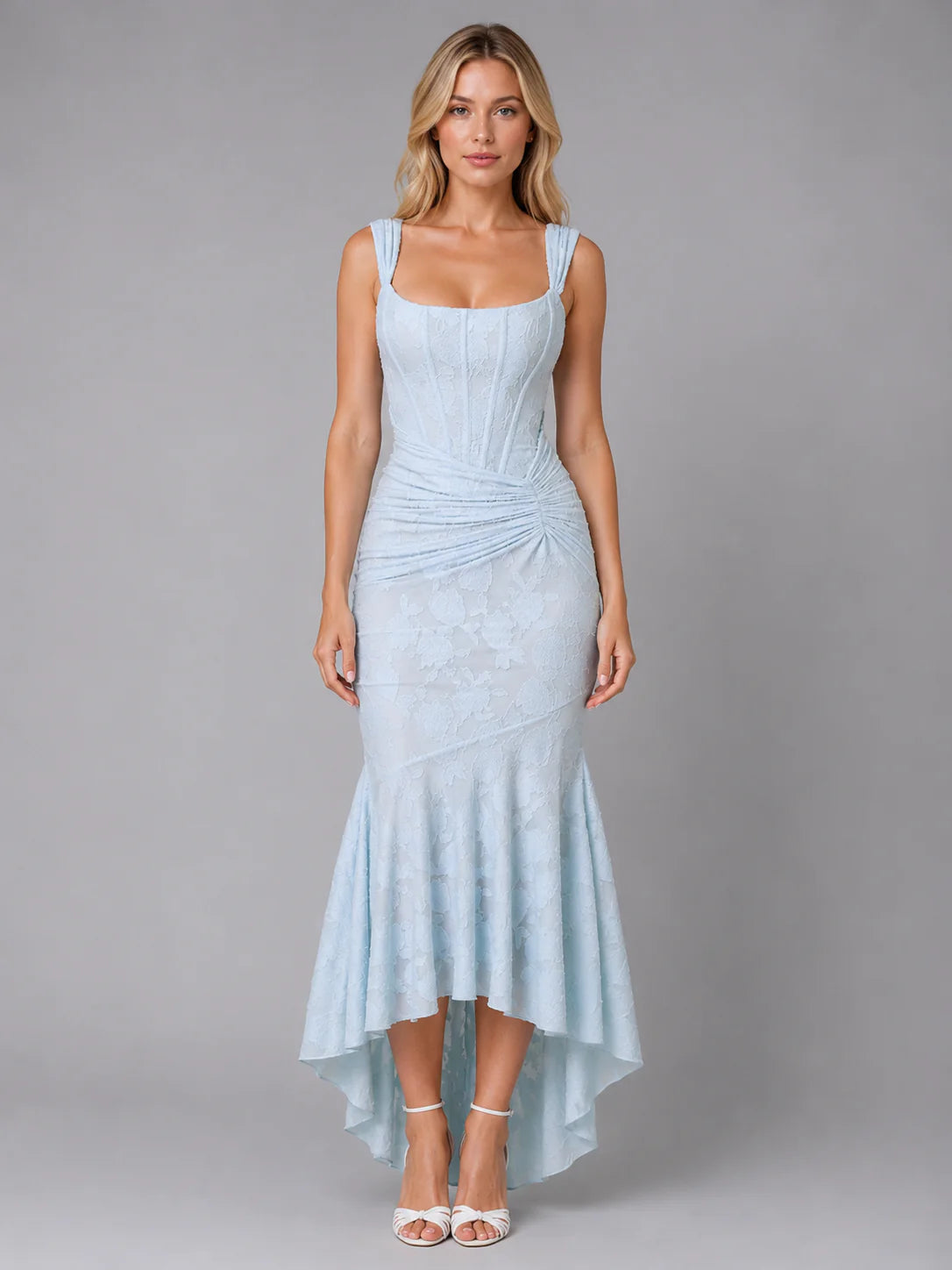 Women’s Ruched Lace Midi Dress – Sculpted Bodycon Fit