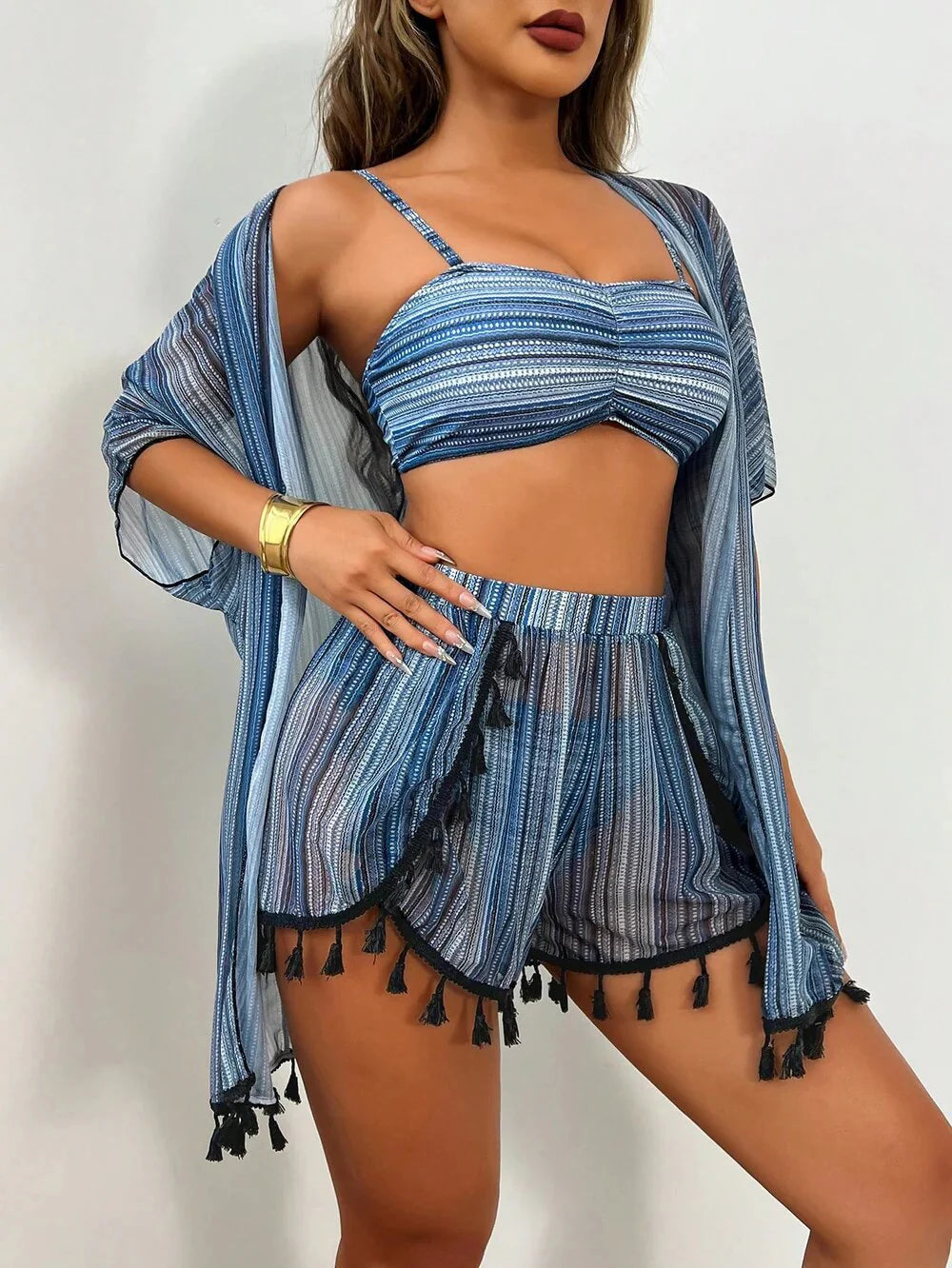 4-Piece Bikini Set - Cover-Up Shirt and Beach Shorts
