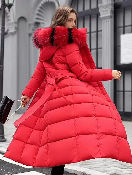 Hooded puffer coat with faux fur collar