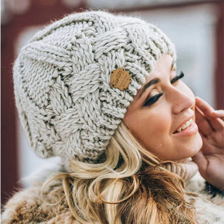 Nora | Cable Knit Beanie with Button Patch