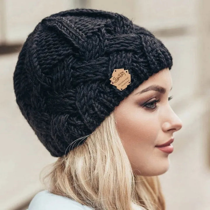 Nora | Cable Knit Beanie with Button Patch