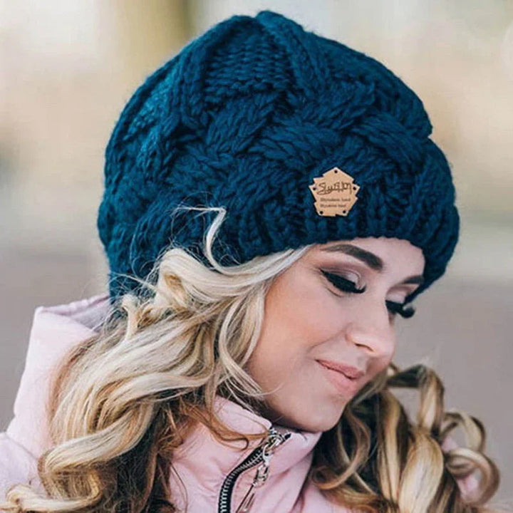 Nora | Cable Knit Beanie with Button Patch
