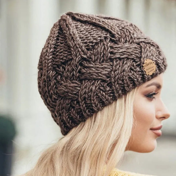 Nora | Cable Knit Beanie with Button Patch