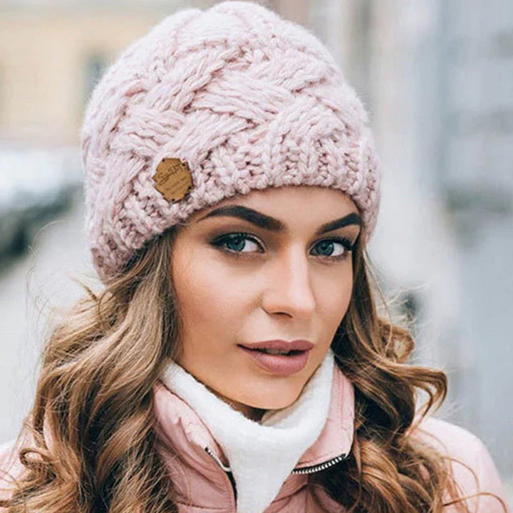 Nora | Cable Knit Beanie with Button Patch