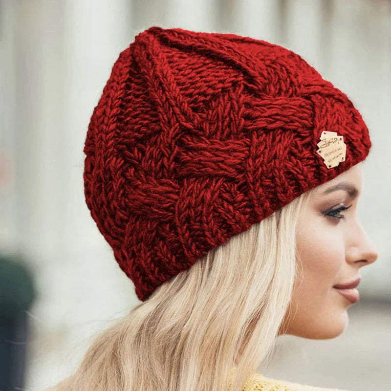 Nora | Cable Knit Beanie with Button Patch