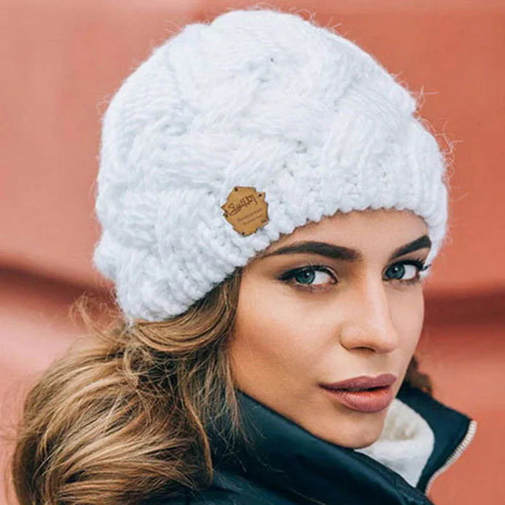 Nora | Cable Knit Beanie with Button Patch