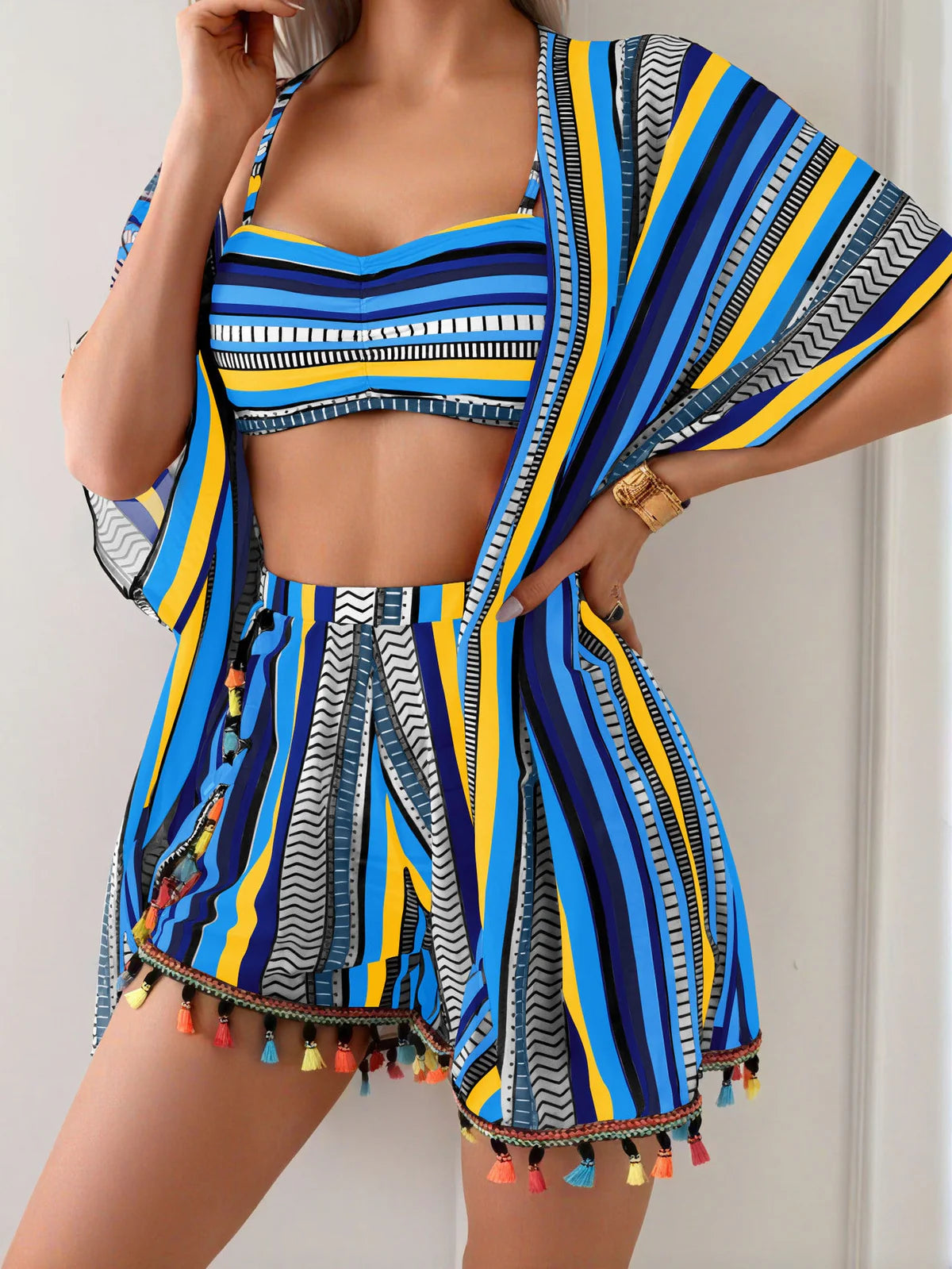 4-Piece Bikini Set - Cover-Up Shirt and Beach Shorts