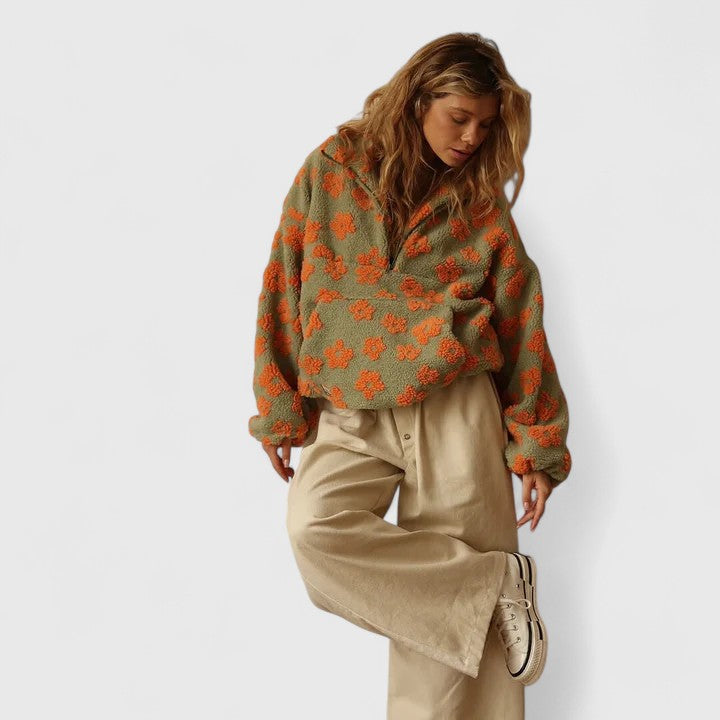 Daisy | Floral Sherpa Quarter Zip Sweater